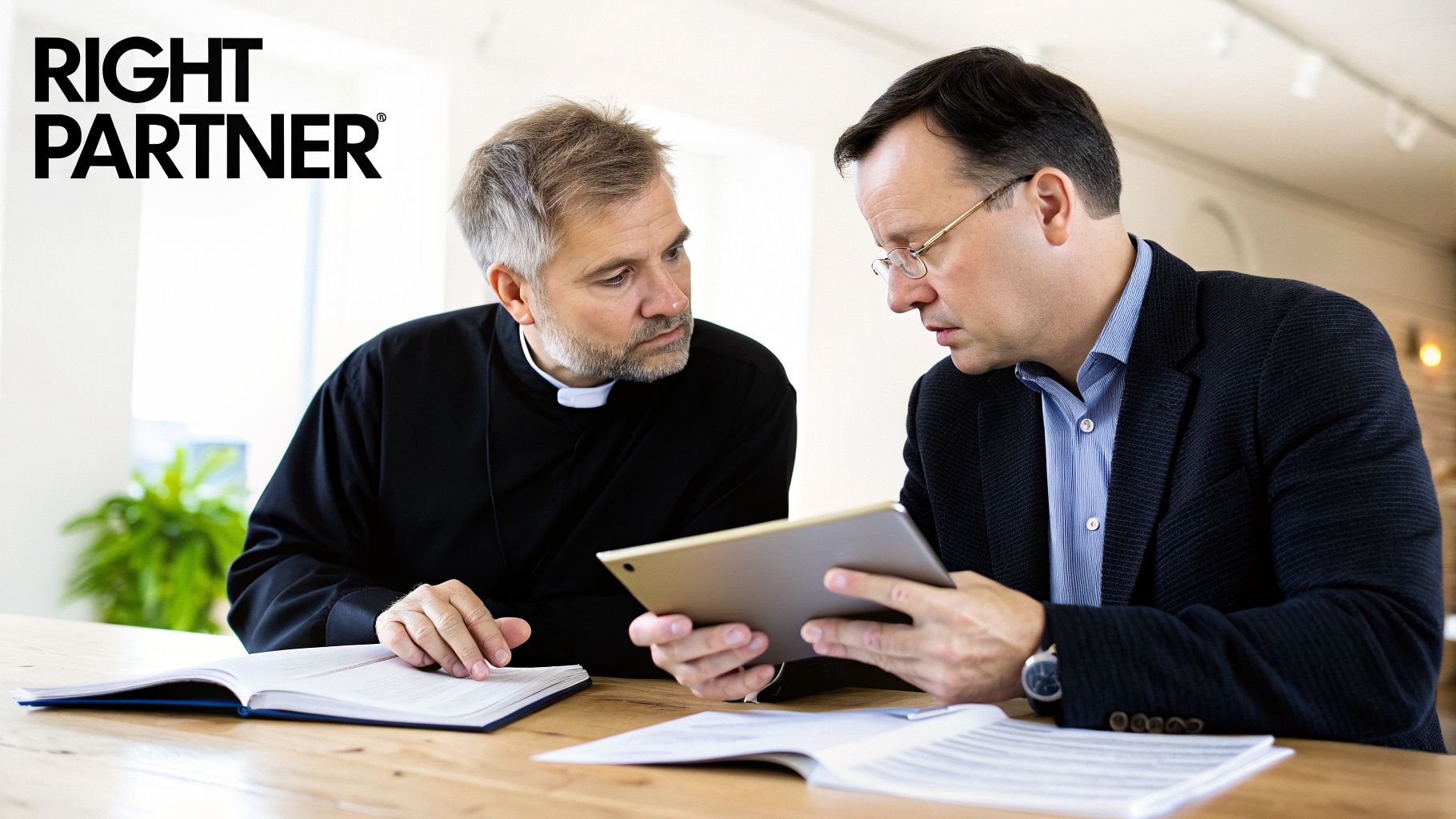 Two men, one a priest, collaborating and looking at a digital tablet on a table.