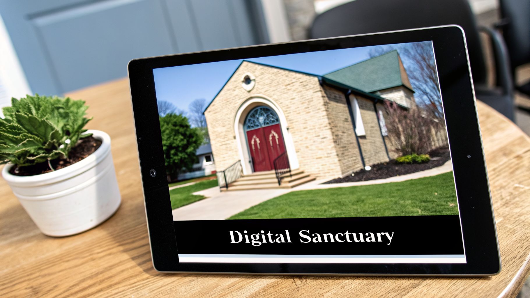 Digital Sanctuary text on a tablet displaying a church, representing online faith services.