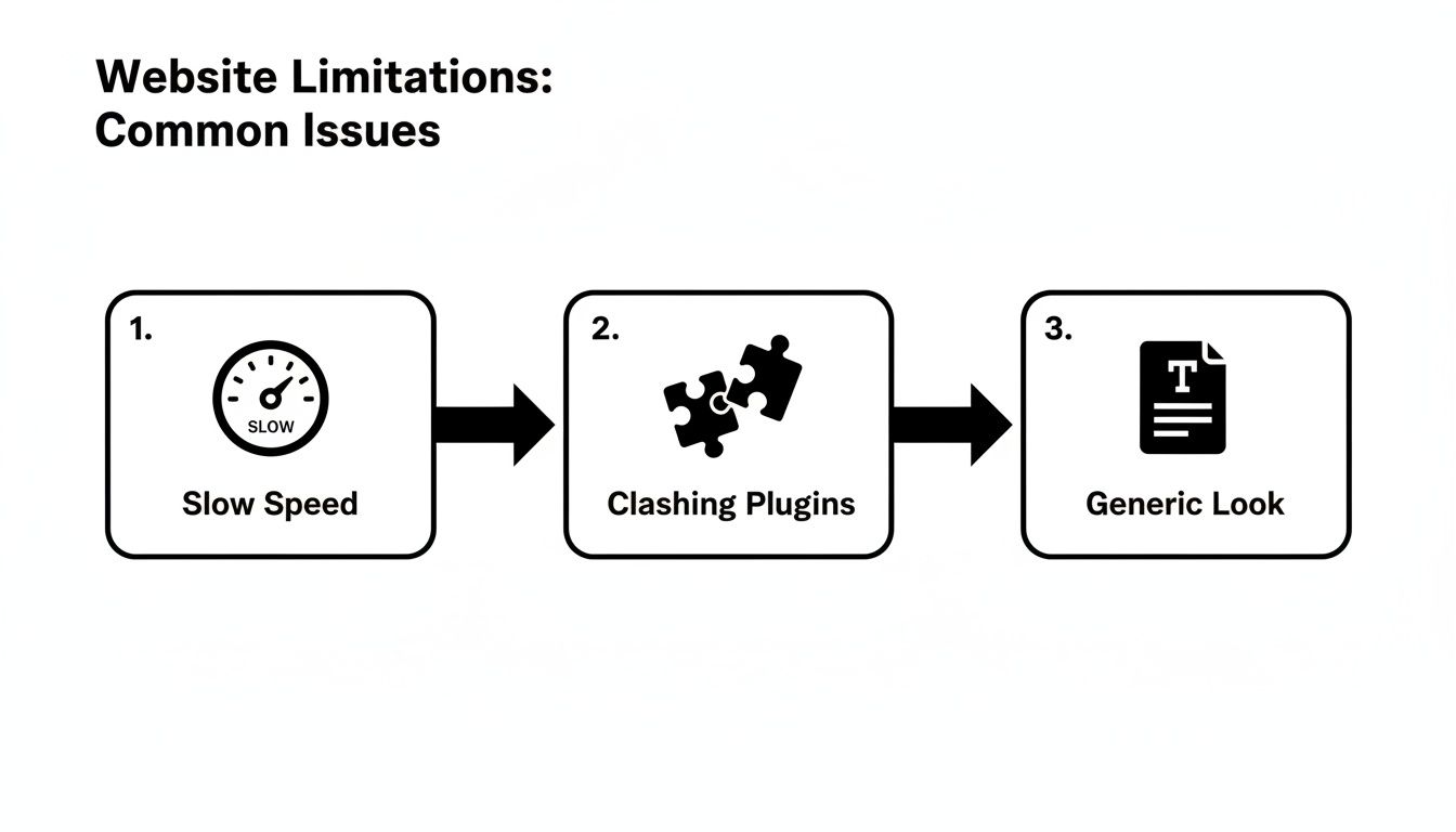 A diagram illustrating common website limitations: slow speed, clashing plugins, and a generic appearance.