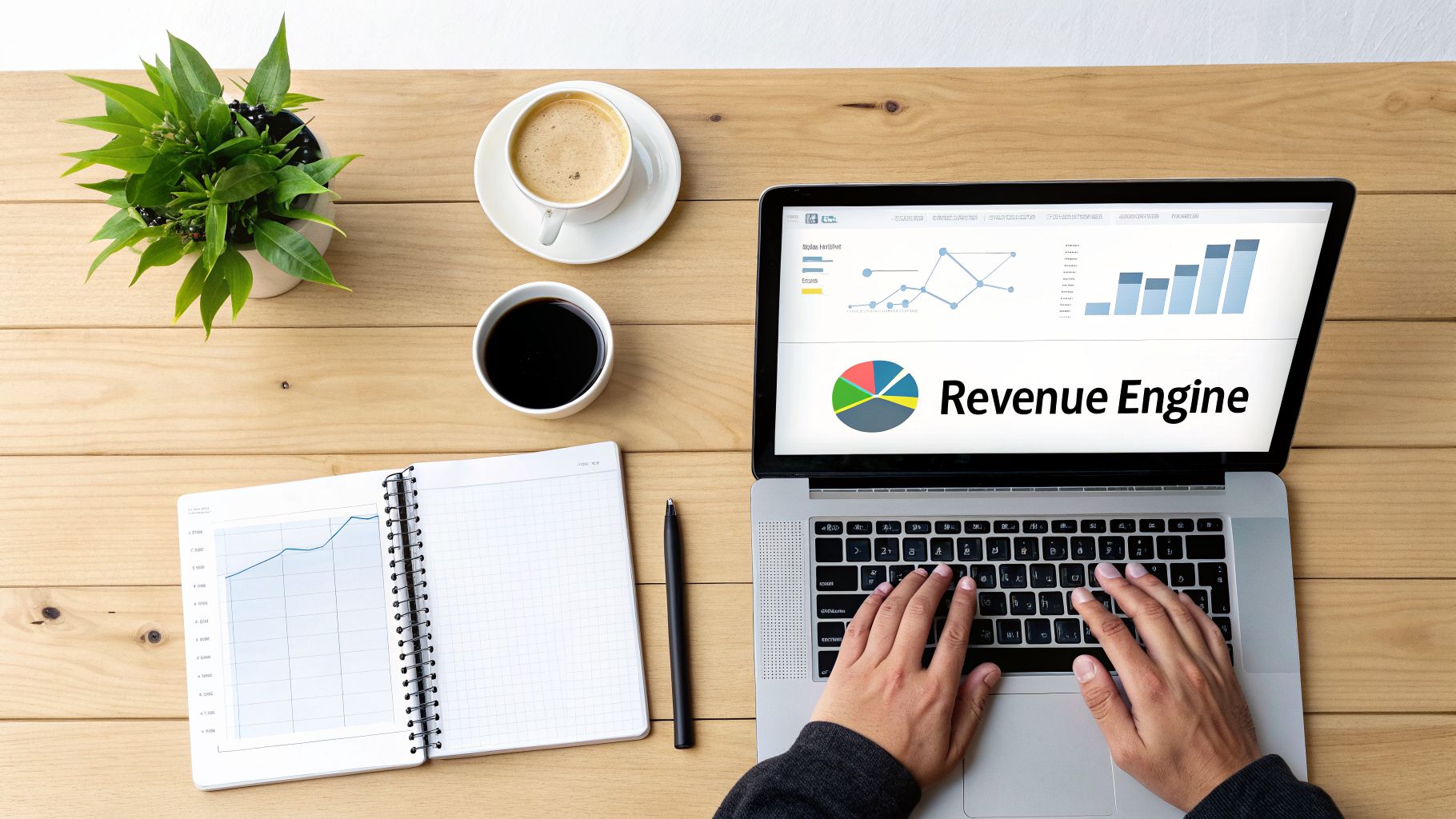 Overhead view of a person typing on a laptop with 'Revenue Engine' software and charts.