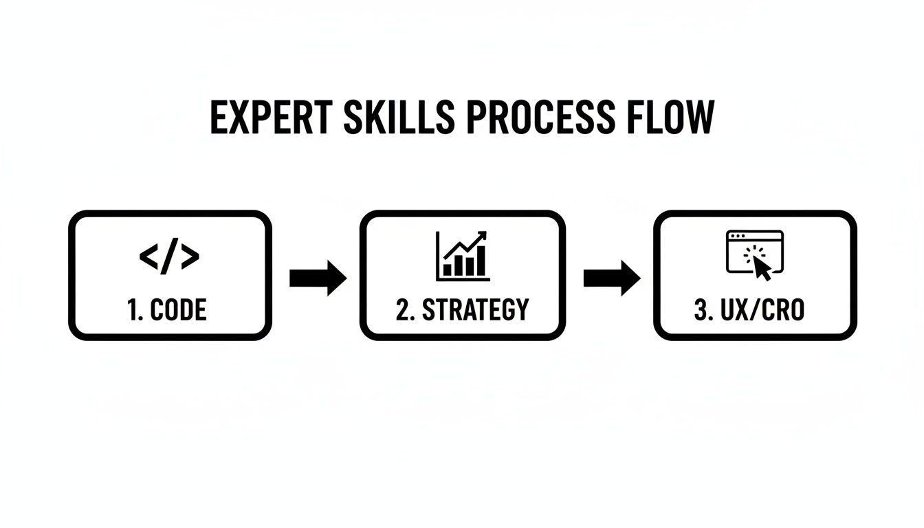A process flow diagram showcasing expert skills: Code, Strategy, and UX/CRO, connected by arrows.