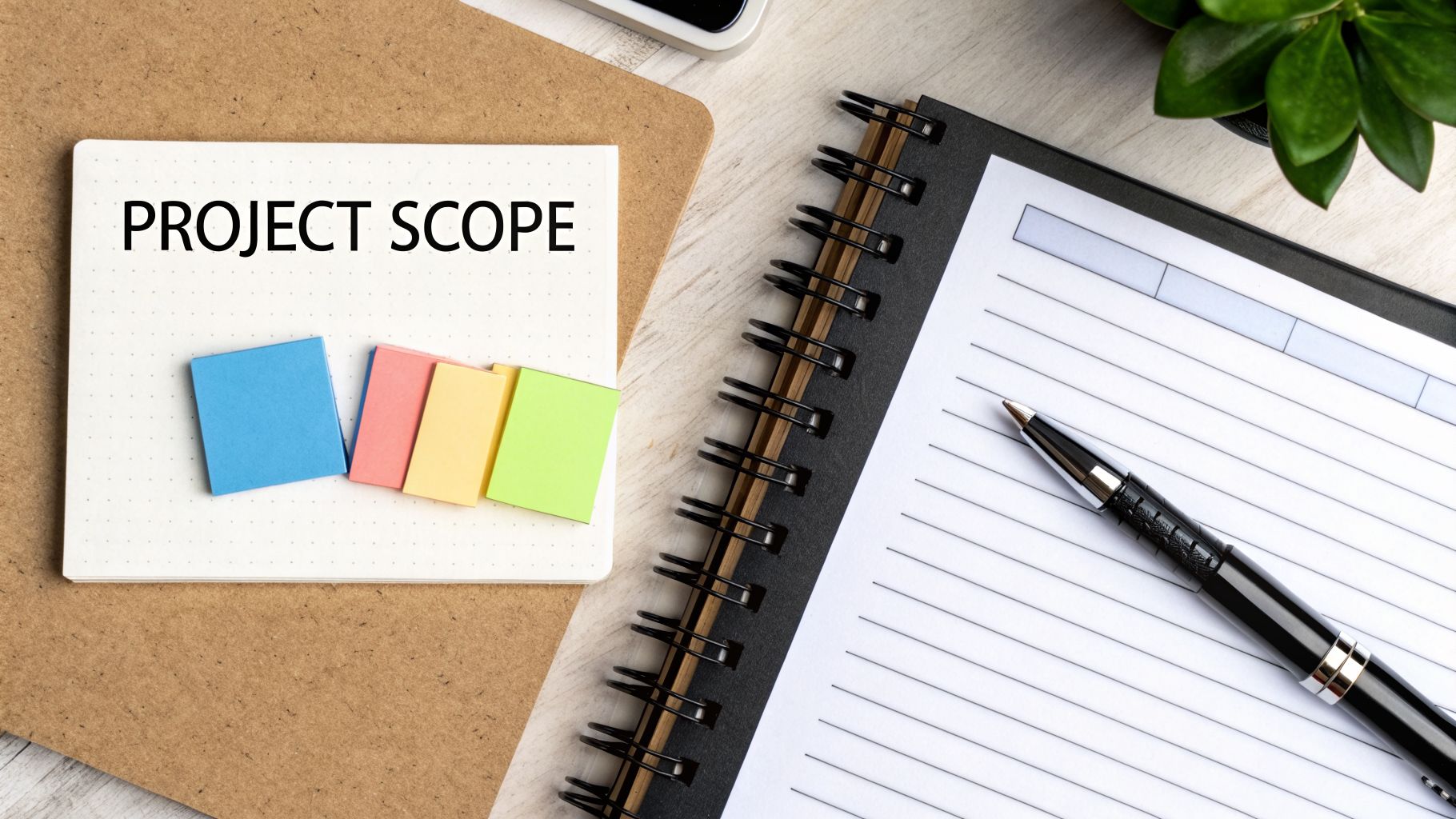 Overhead view of a desk workspace with a notebook displaying 'PROJECT SCOPE', colorful sticky notes, a pen, and a plant.