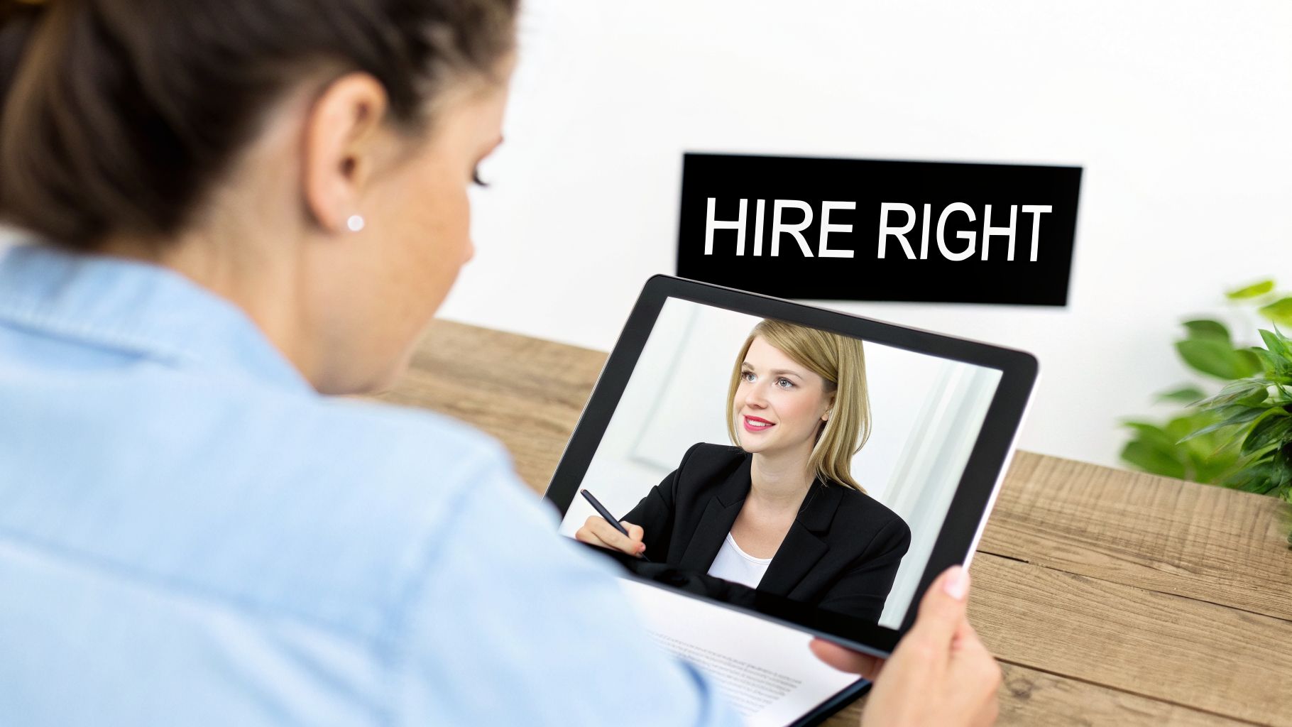 Remote interview with woman holding tablet and 'HIRE RIGHT' sign above.