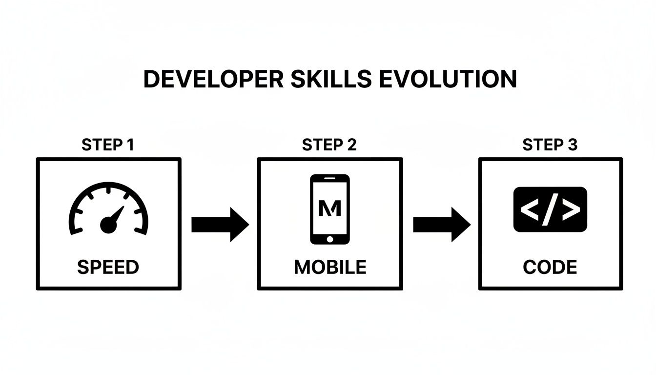 Infographic illustrating developer skills evolution in three steps: Speed, Mobile, and Code.