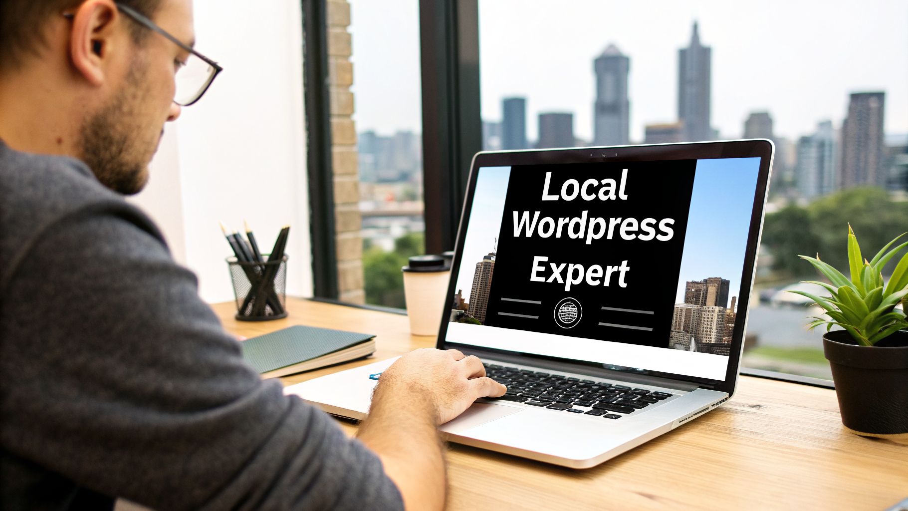 A man wearing glasses works on a laptop displaying 'Local WordPress Expert' with a city skyline view.