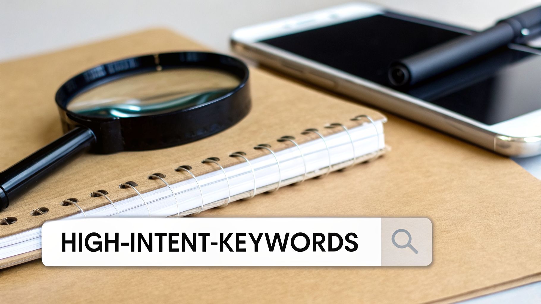 A search bar showing 'HIGH-INTENT-KEYWORDS' with a magnifying glass, notebook, and smartphone, symbolizing SEO strategy.