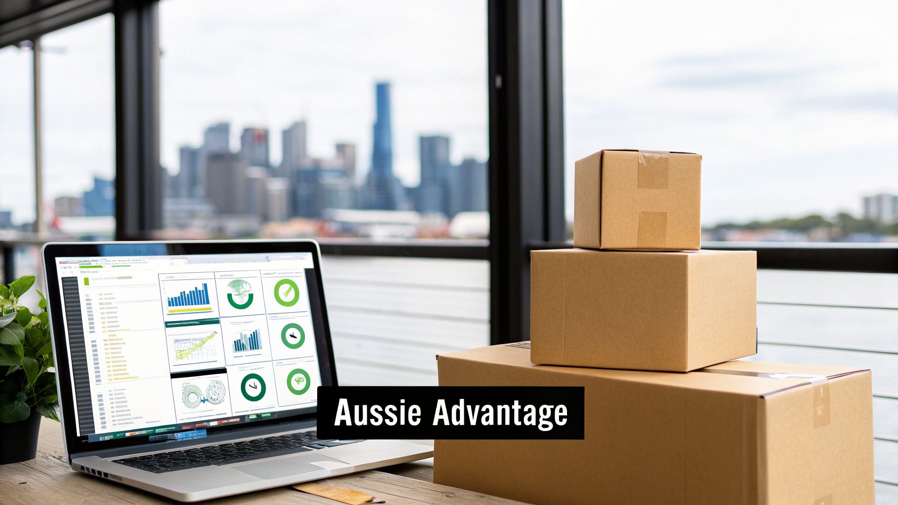 A laptop displaying charts and graphs next to stacked cardboard boxes, with a city skyline backdrop.