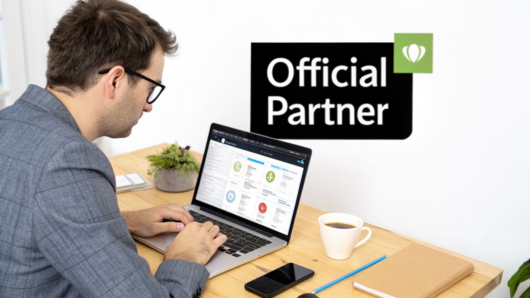 Man in glasses working on a laptop, displaying a dashboard, next to an "Official Partner" sign.