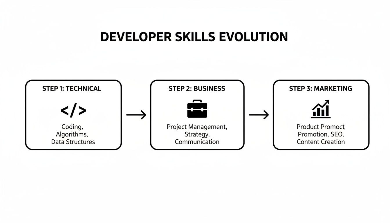 Diagram illustrating the developer skills evolution in three steps: technical, business, and marketing.
