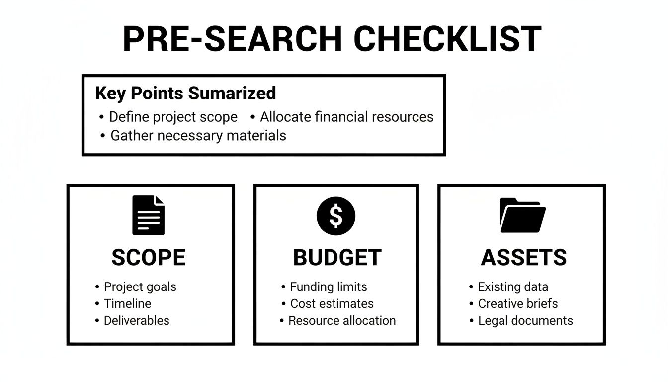 A pre-search checklist outlines project scope, budget, and assets with key summarized points for planning.