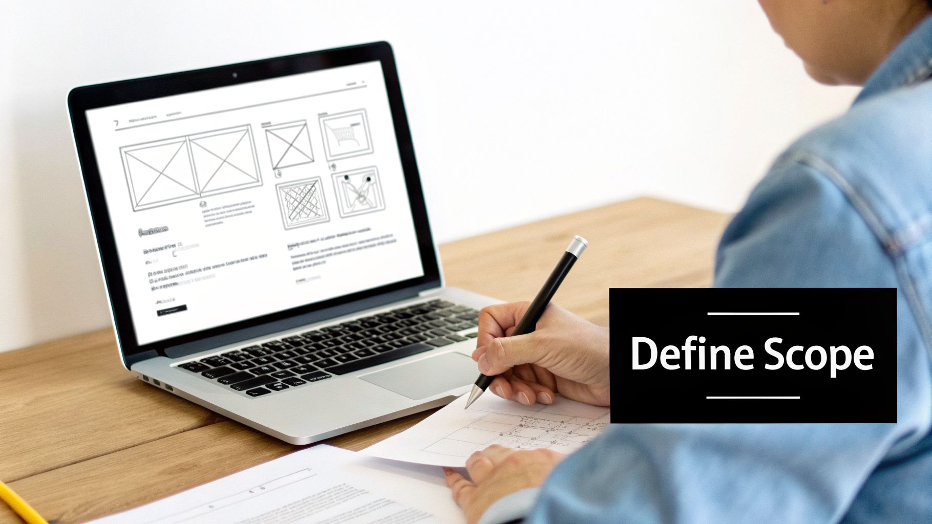 A person defines project scope, working on a laptop displaying wireframes and sketching on paper.