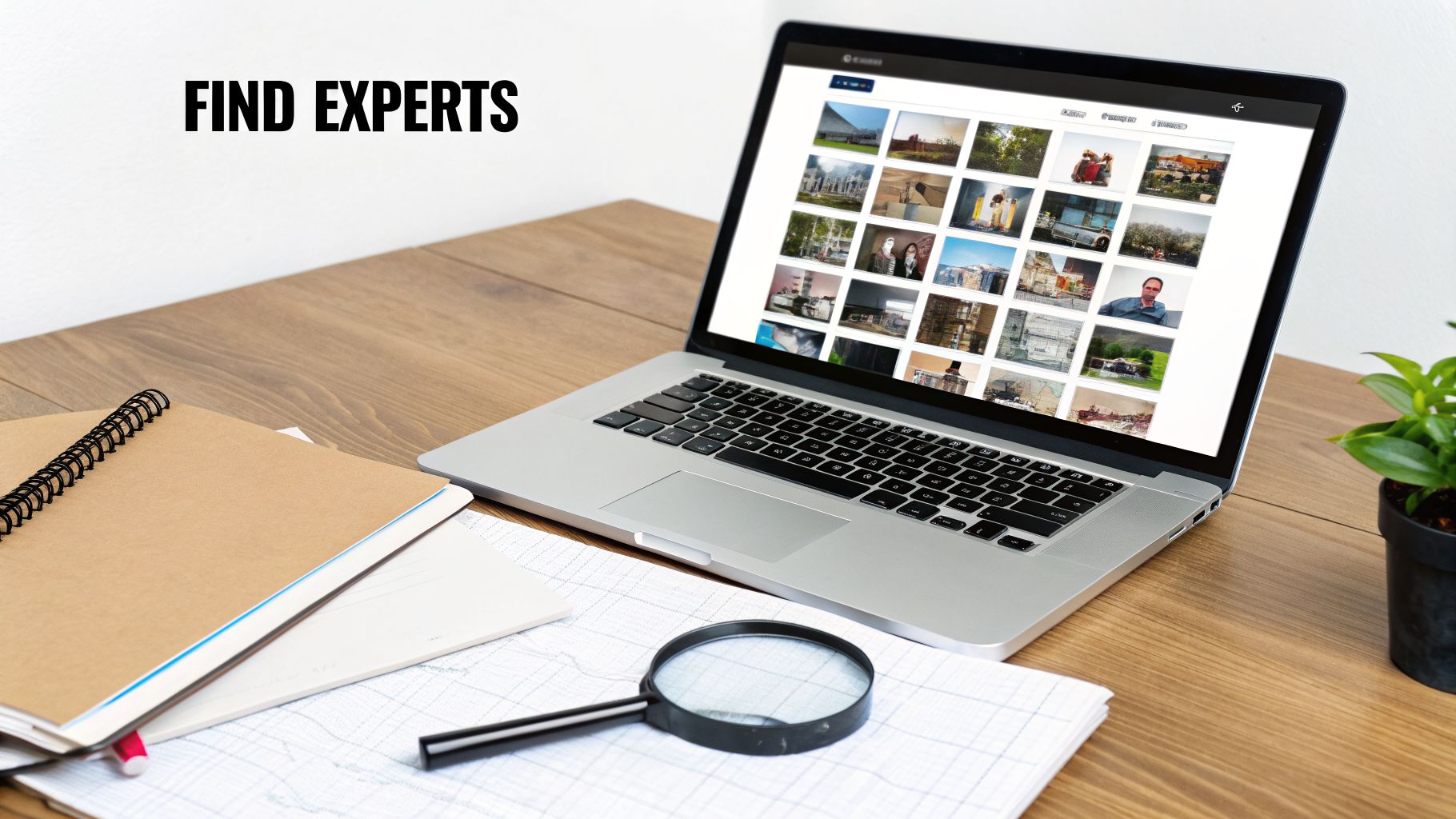 A workspace with a laptop displaying profiles, notebooks, a magnifying glass, and 'FIND EXPERTS' on the wall.