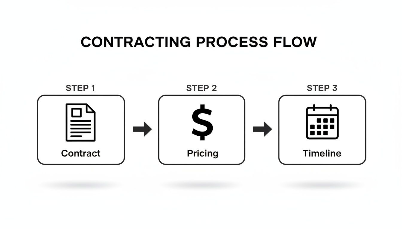 A contracting process flow diagram illustrating three key steps: Contract, Pricing, and Timeline.