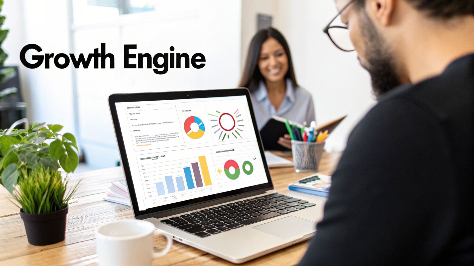 Professionals analyze business growth data on a laptop displaying charts and graphs in a modern office.