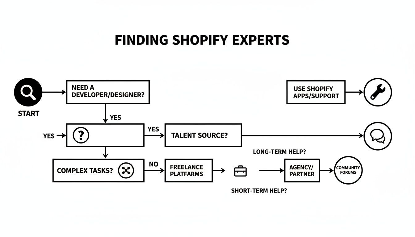 Flowchart detailing the process of finding Shopify experts, developers, or designers for various tasks.