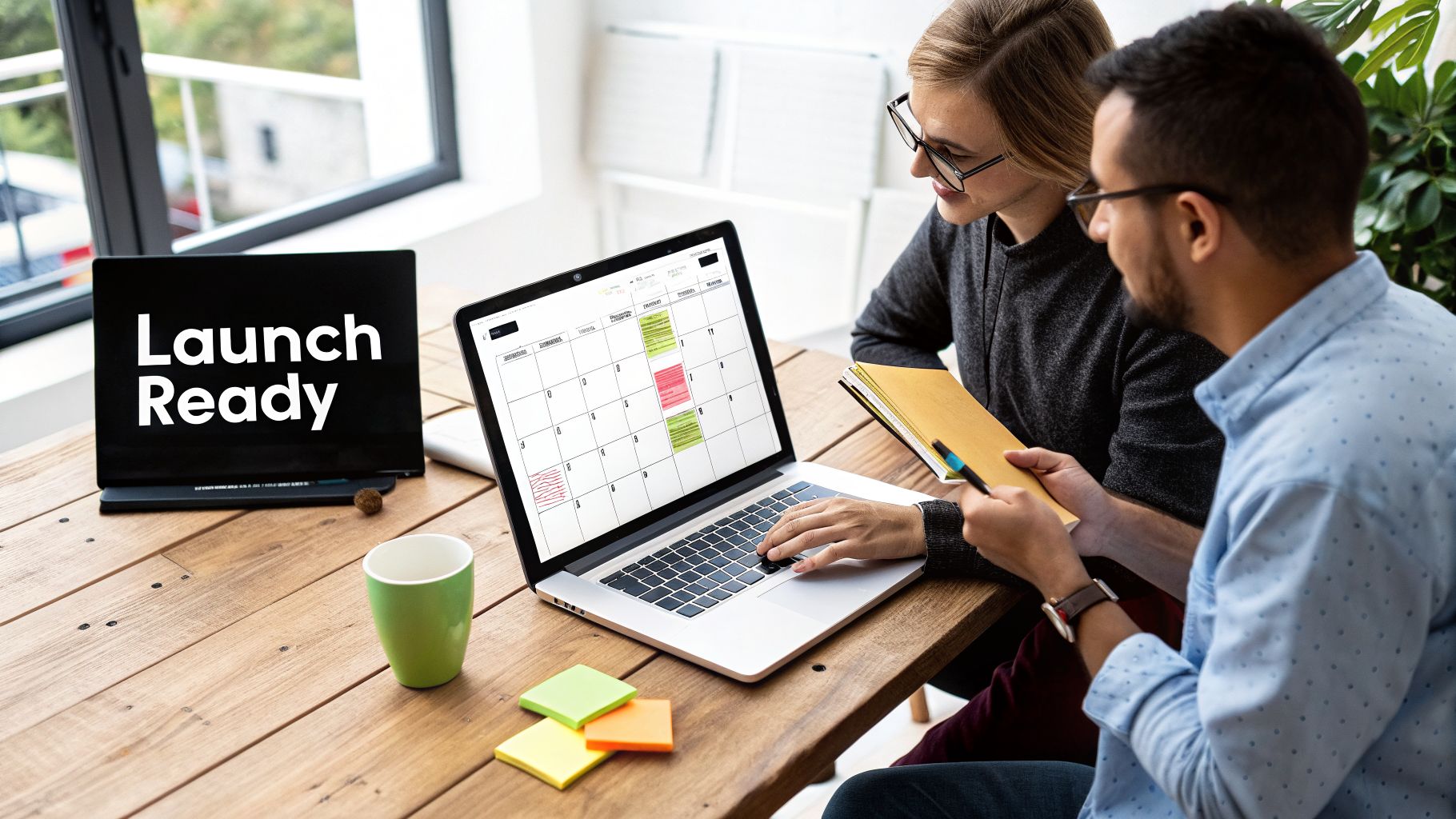 Two colleagues planning a product launch, using a laptop with a calendar and notes.