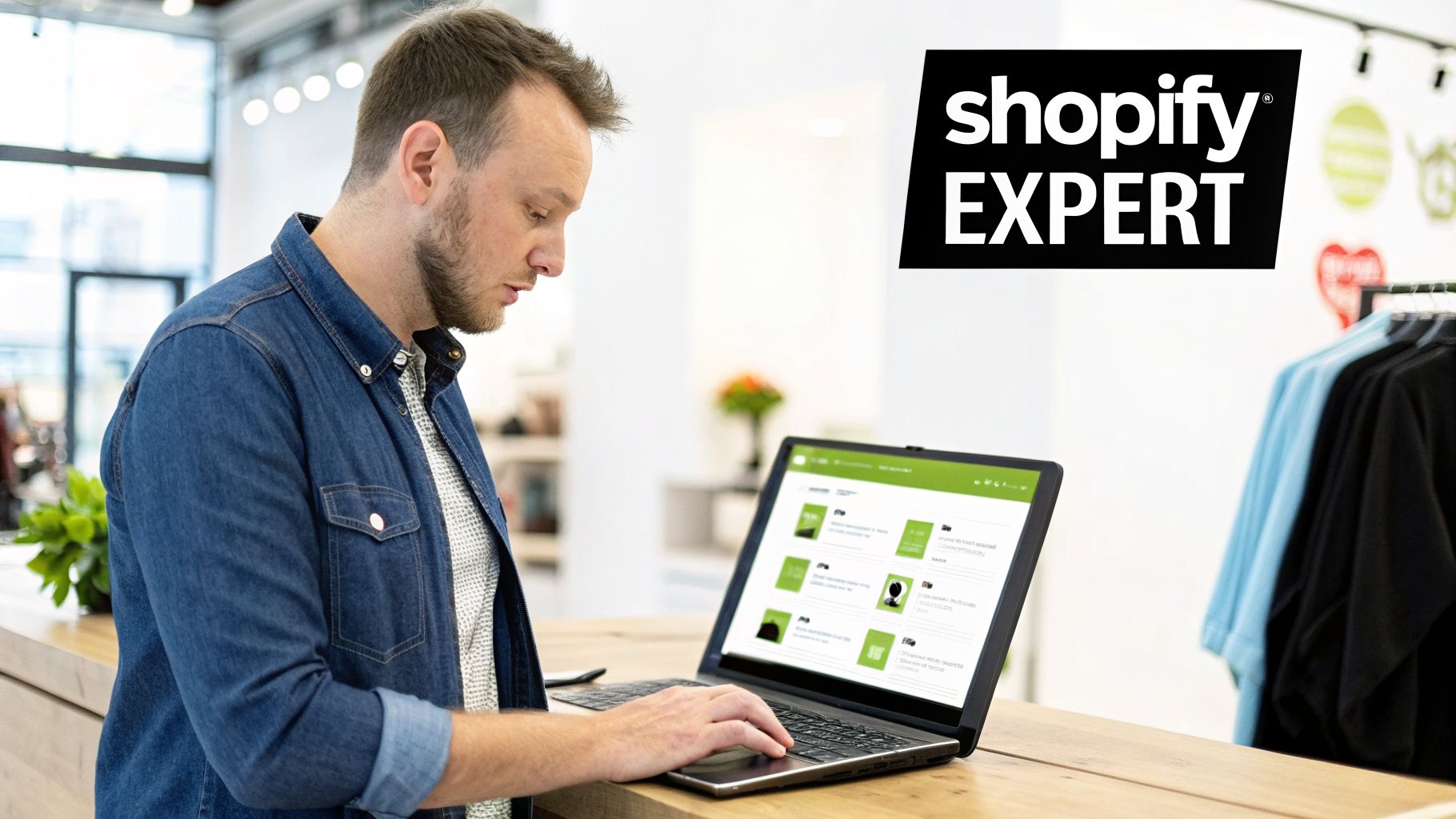 A man in a denim shirt uses a laptop showing a Shopify interface in a retail store with a 'Shopify EXPERT' logo.