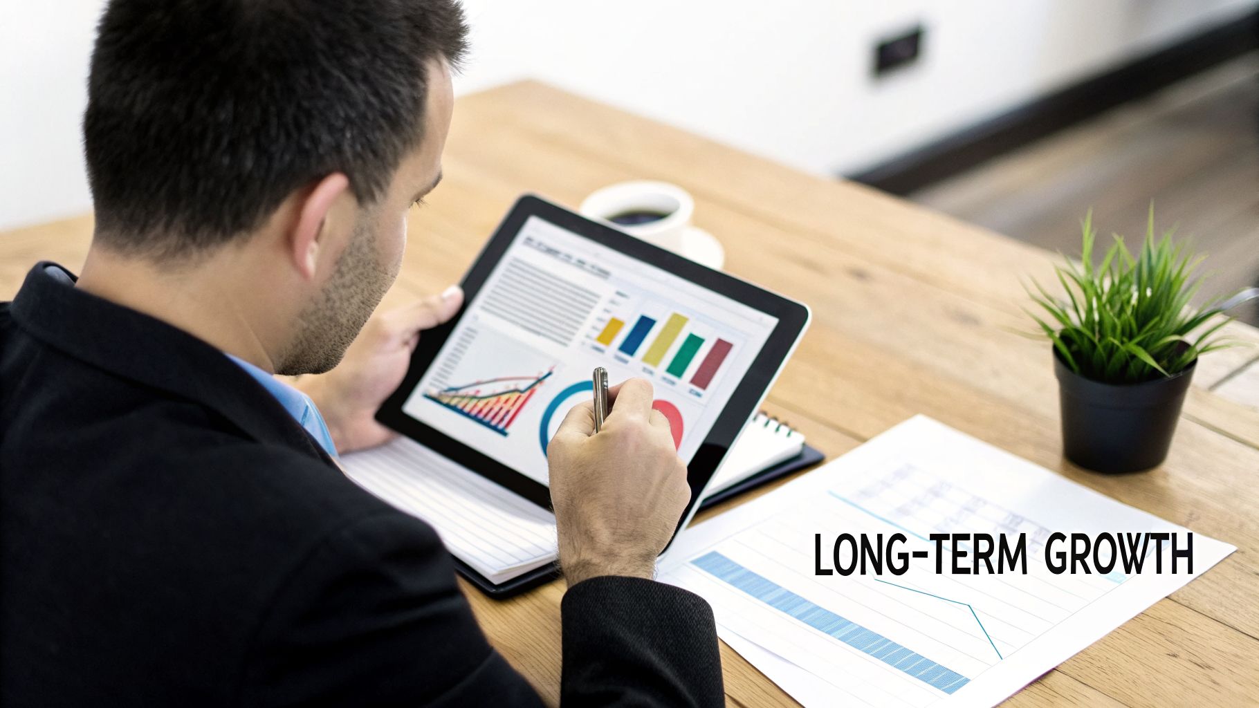 A person analyzes business data on a tablet and paper displaying charts and 'LONG-TERM GROWTH'.