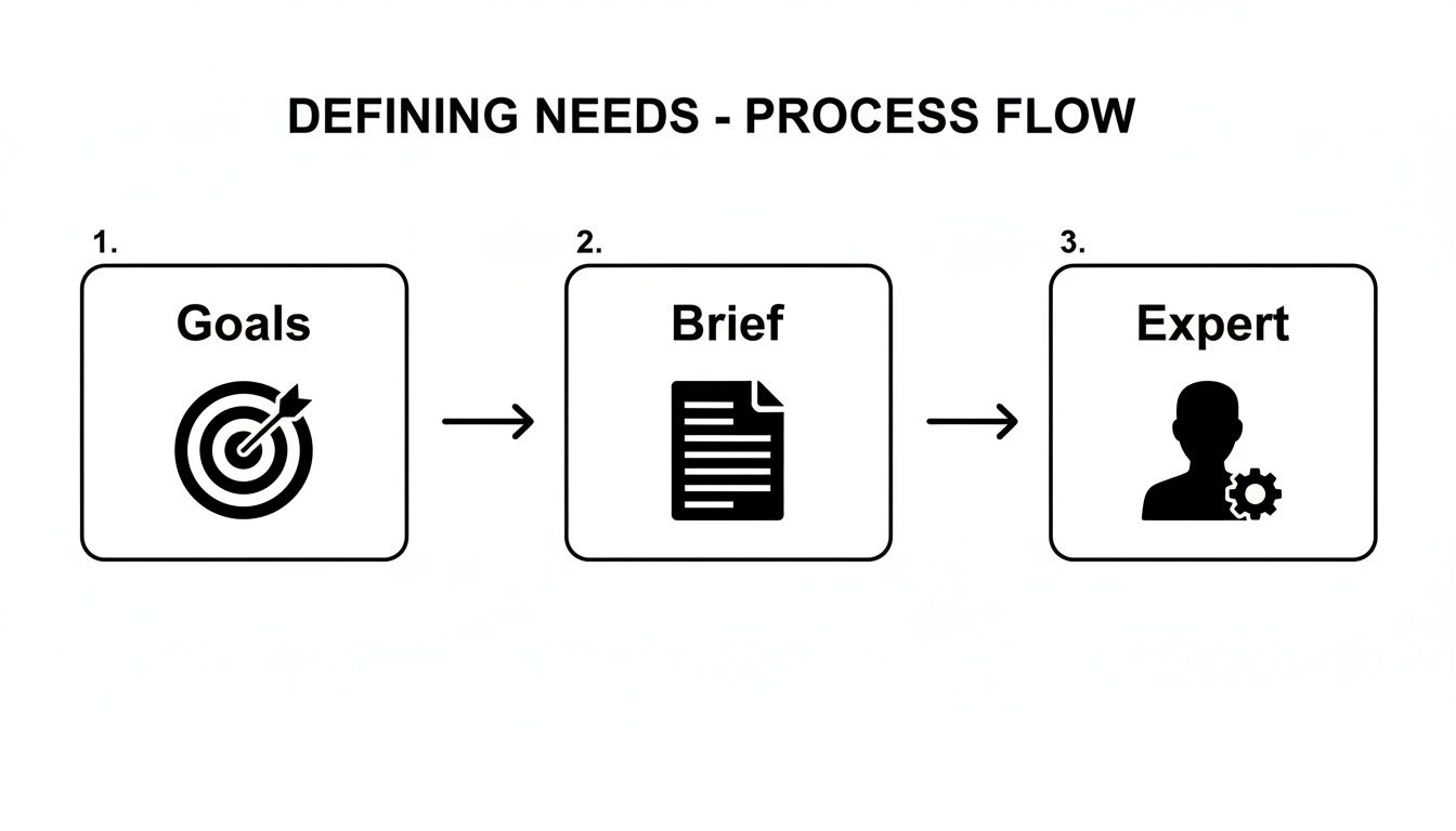 A process flow diagram illustrating three sequential steps for defining needs: Goals, Brief, and Expert.