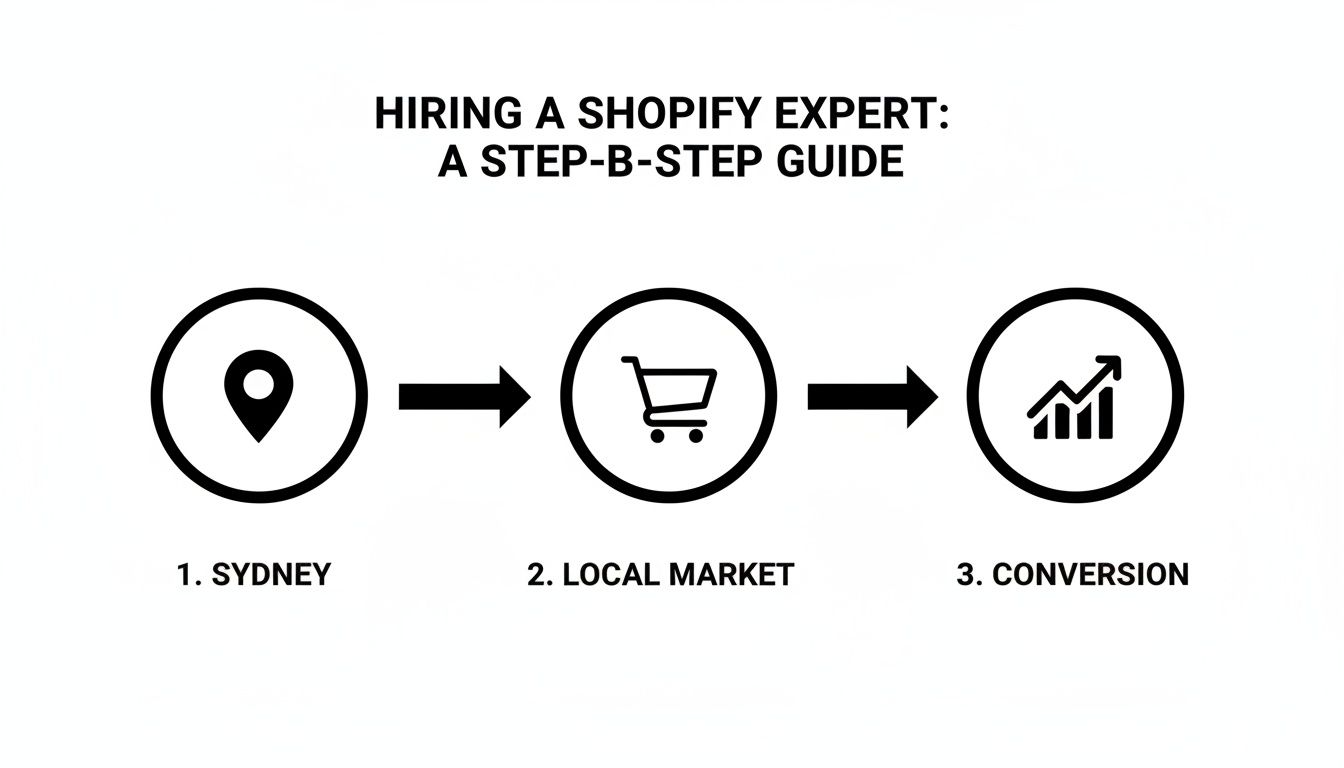 A flowchart titled 'Hiring a Shopify Expert: A Step-by-Step Guide' showing steps: Sydney, Local Market, Conversion.
