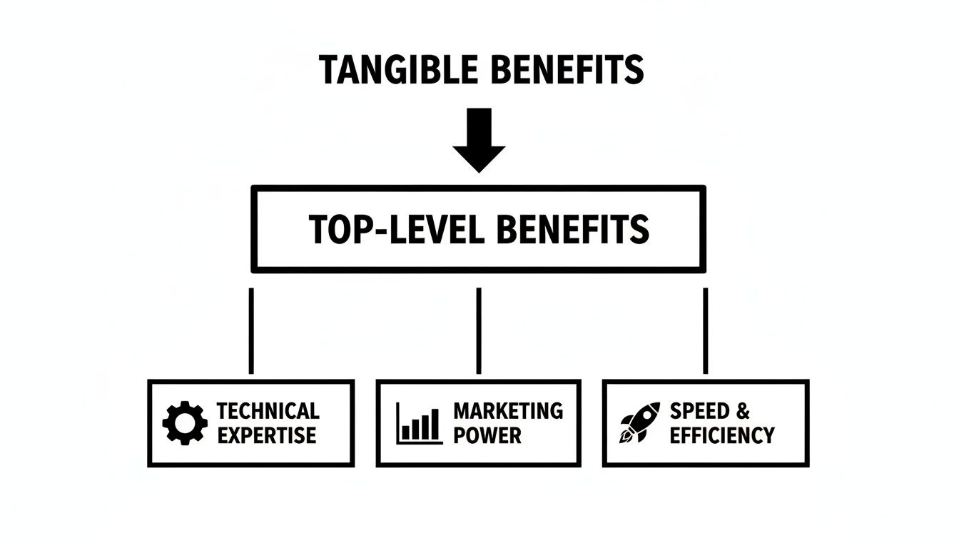 A diagram showing tangible benefits leading to top-level benefits: technical expertise, marketing power, and speed & efficiency.