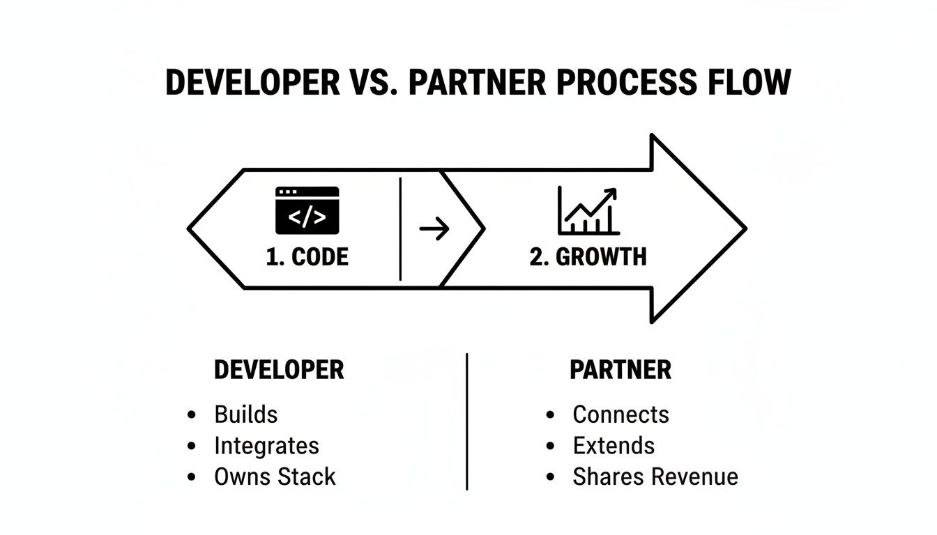 Diagram illustrating developer vs. partner process flow, showing code and growth stages with distinct responsibilities.