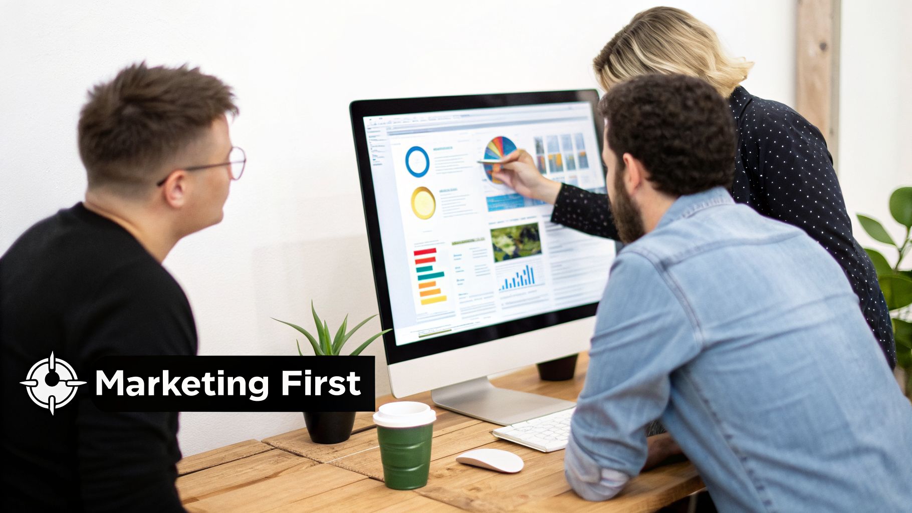 Three colleagues analyzing marketing data on a computer screen, with one person pointing at charts and graphs.