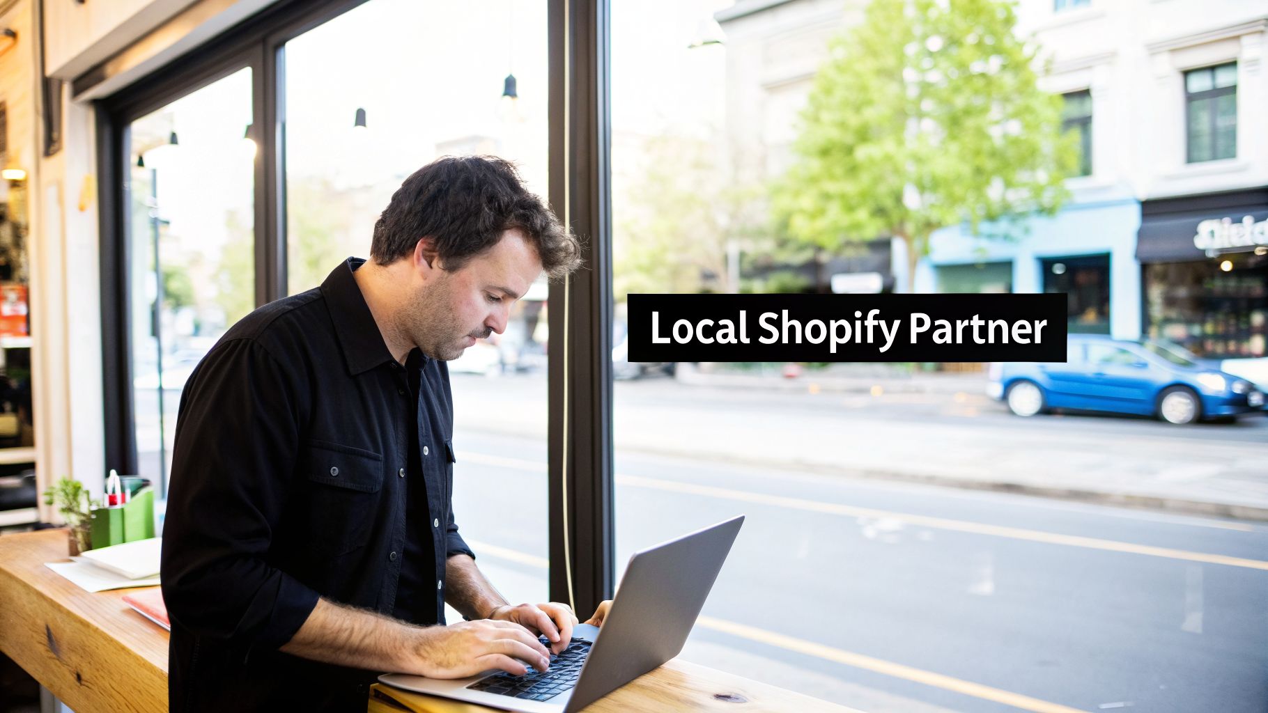 A man works on a laptop at a wooden counter, with a 'Local Shopify Partner' banner.
