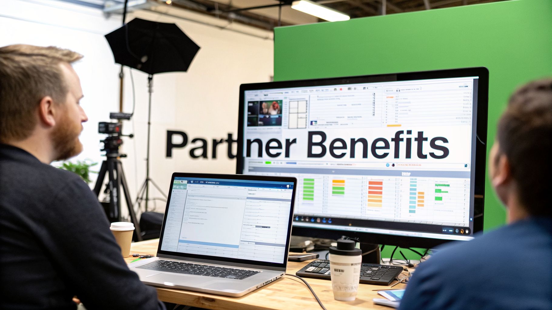 Two men viewing "Partner Benefits" on a large monitor, working on a laptop in an office setting.