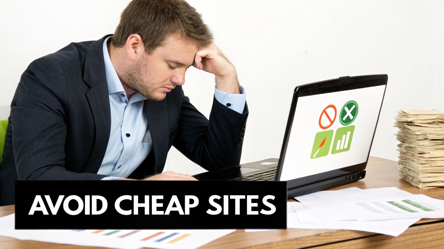 A man looking stressed at a laptop with 'AVOID CHEAP SITES' text, showing bad and good metrics.