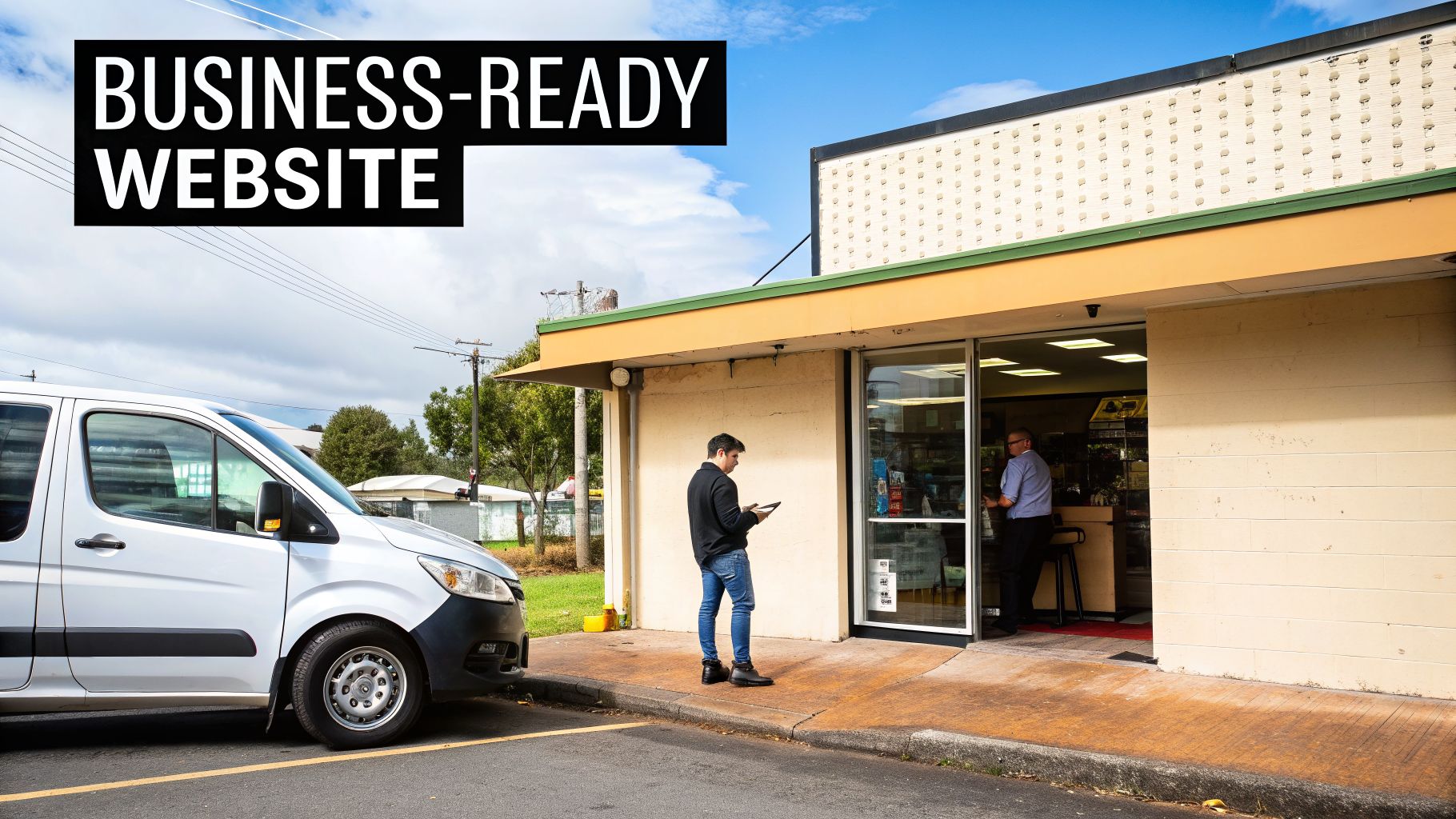 A black banner with 'BUSINESS-READY WEBSITE' text, over a street scene with a van and a shop.