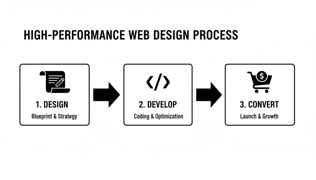 A diagram illustrating the high-performance web design process with three steps: Design, Develop, Convert.