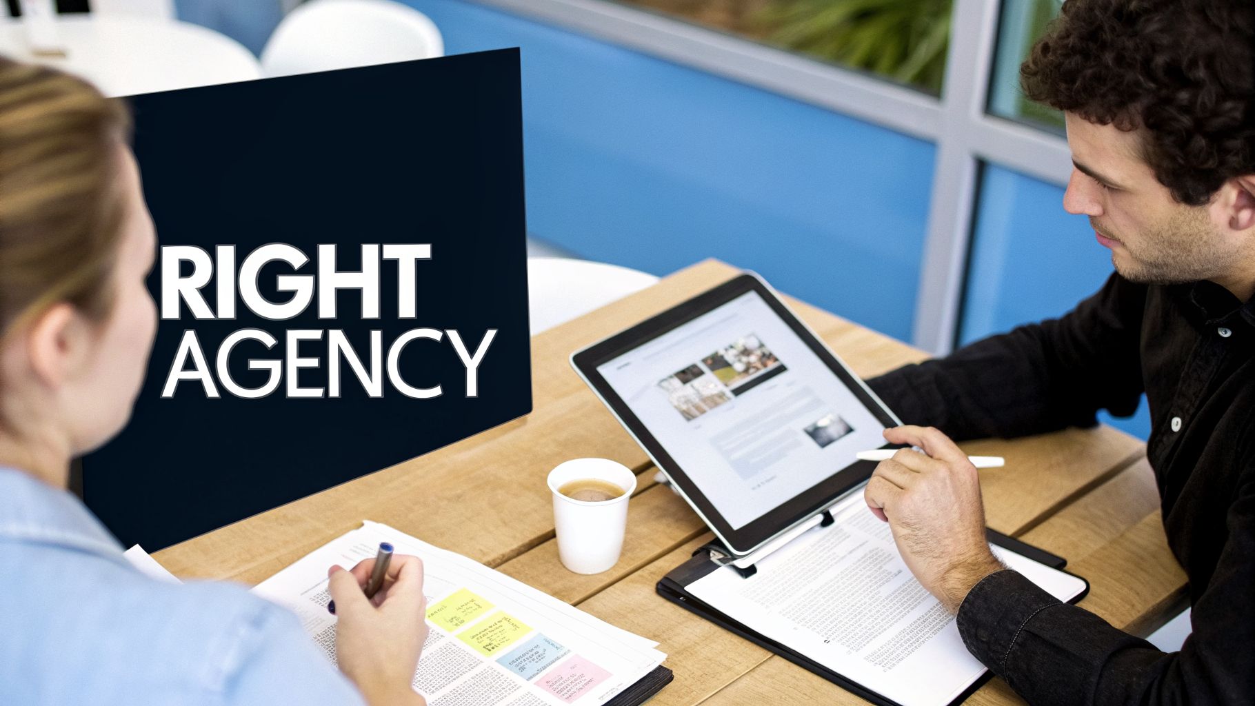 Two people at a table working, one on a tablet, another writing. 'RIGHT AGENCY' on screen.