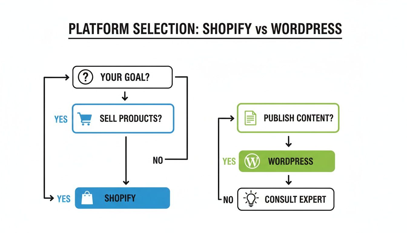 Flowchart guiding platform selection between Shopify and WordPress for selling products or publishing content.