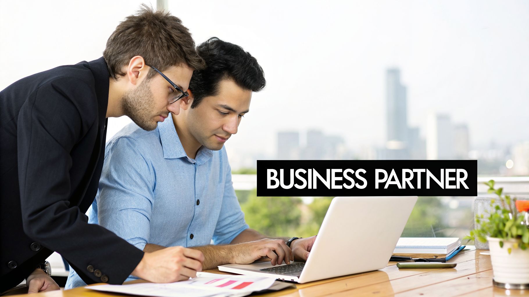 Two business partners collaborating, looking at a laptop and documents on a modern office desk with city view.