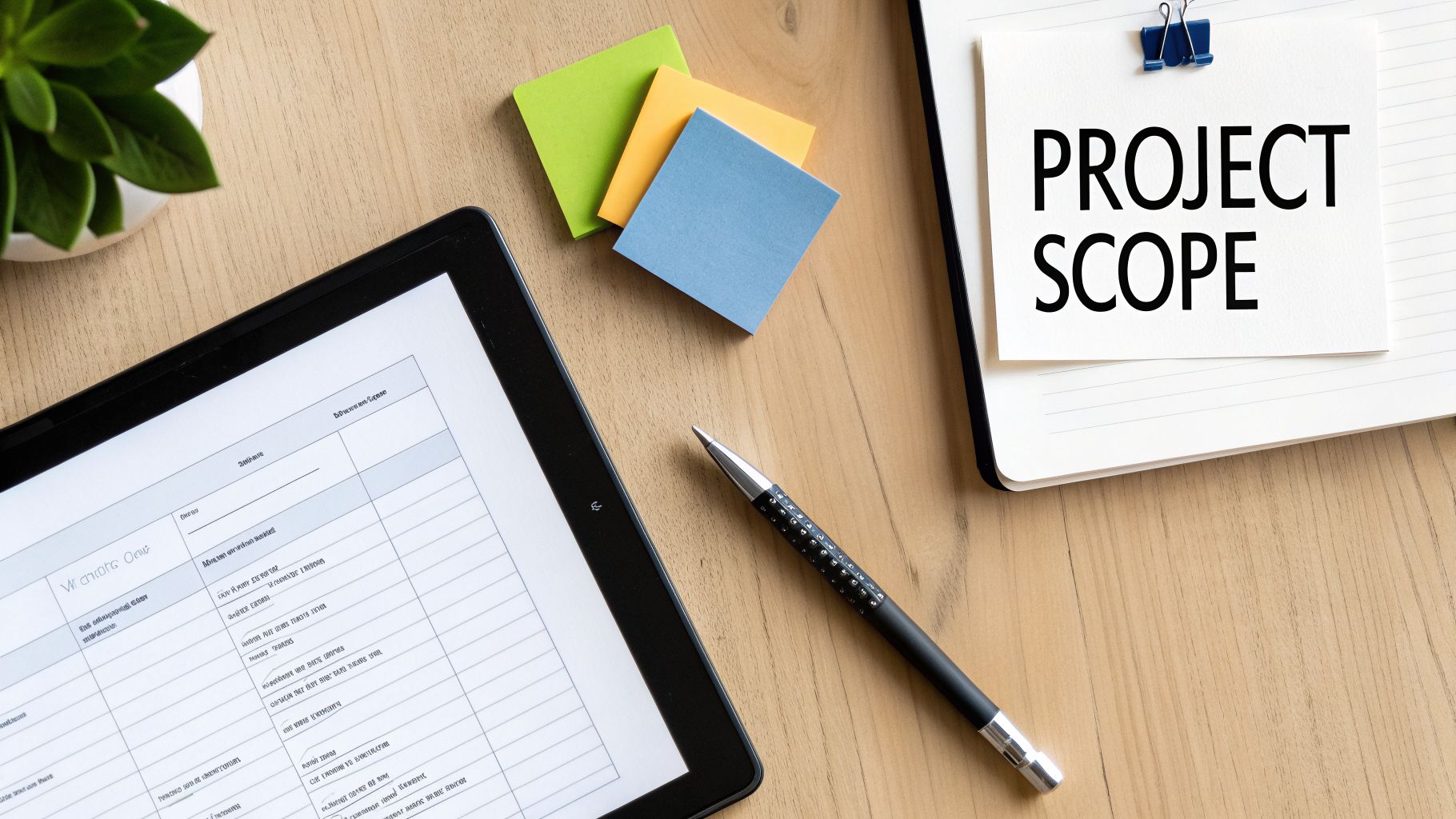 Flat lay of a wooden desk with a tablet, pen, colorful sticky notes, and a notebook displaying 'PROJECT SCOPE'.