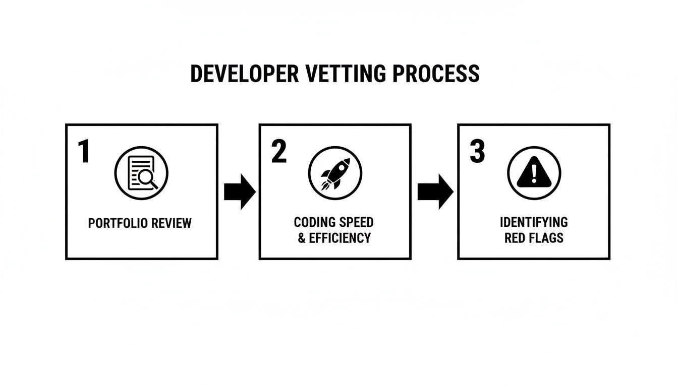 A diagram illustrating the developer vetting process with three steps: portfolio review, coding speed, and red flag identification.