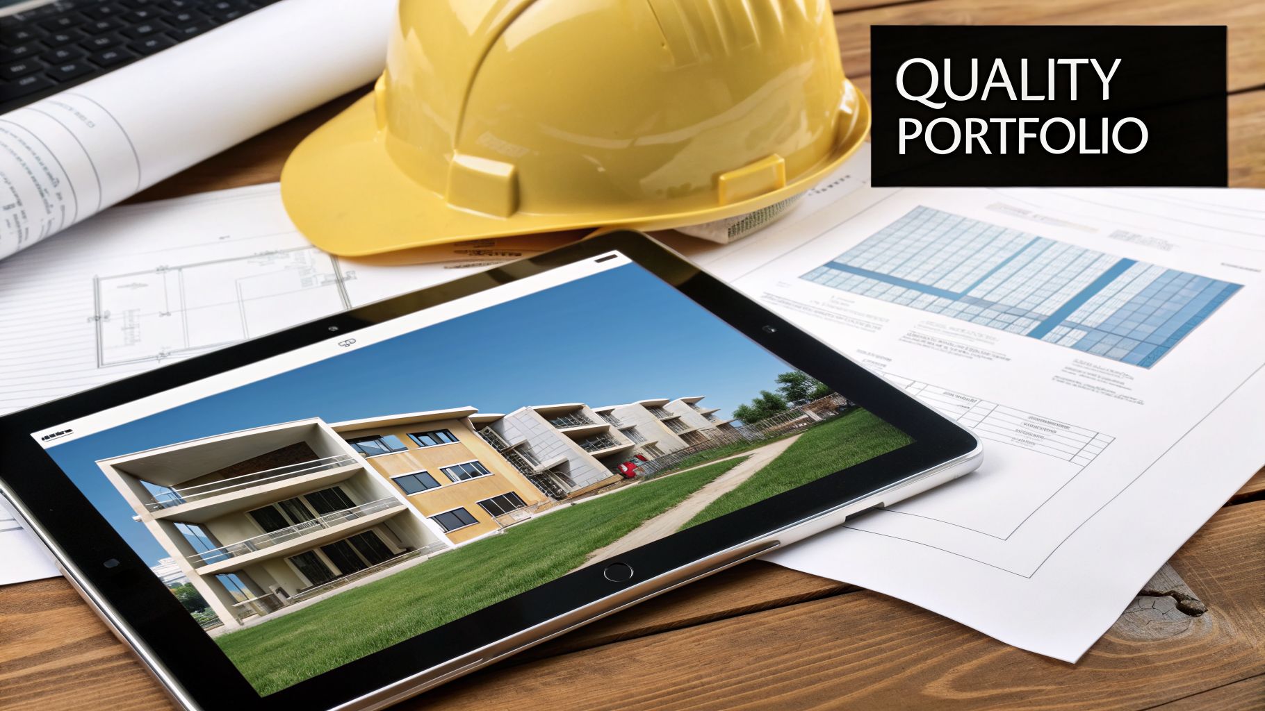 A yellow hard hat, architectural blueprints, and a tablet displaying modern buildings on a wooden desk.