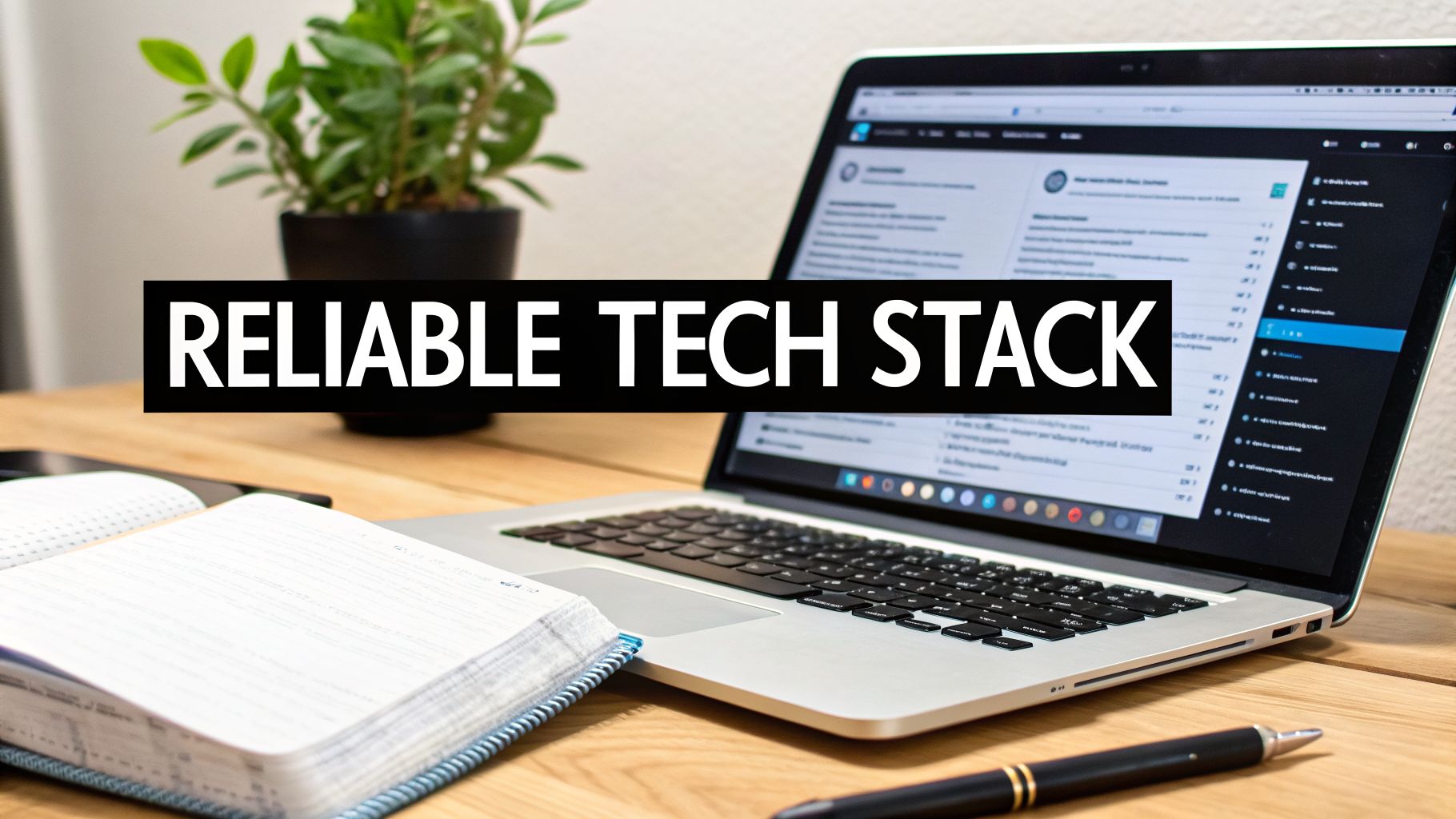 A laptop displaying data on a wooden desk with a notebook, pen, and plant. Text: RELIABLE TECH STACK.