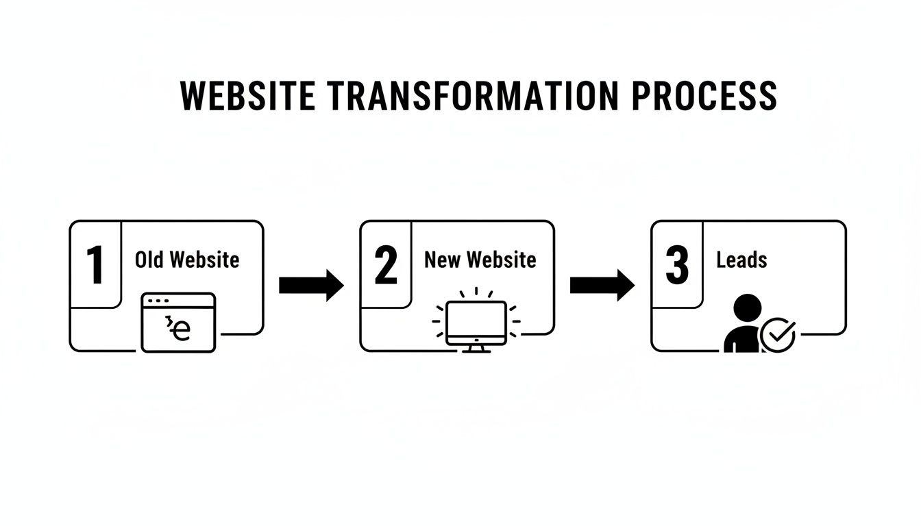 Flowchart showing website transformation process from an old website to a new one, generating leads.