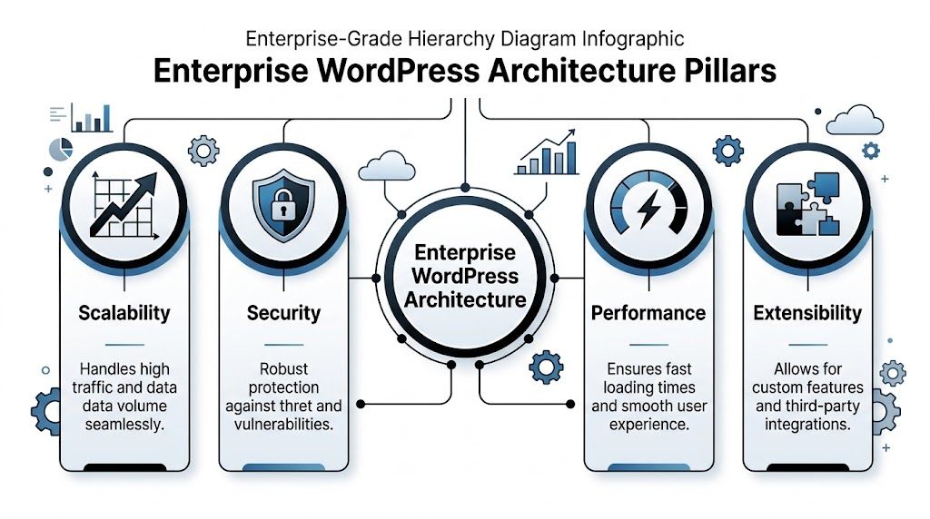 An infographic showing the four key pillars of enterprise WordPress architecture: scalability, security, performance, and extensibility.