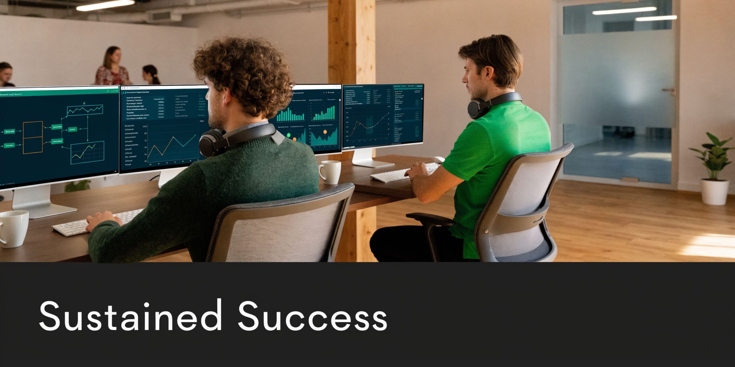 Two professional software developers working at their desks with multiple monitors displaying data analytics in an office.