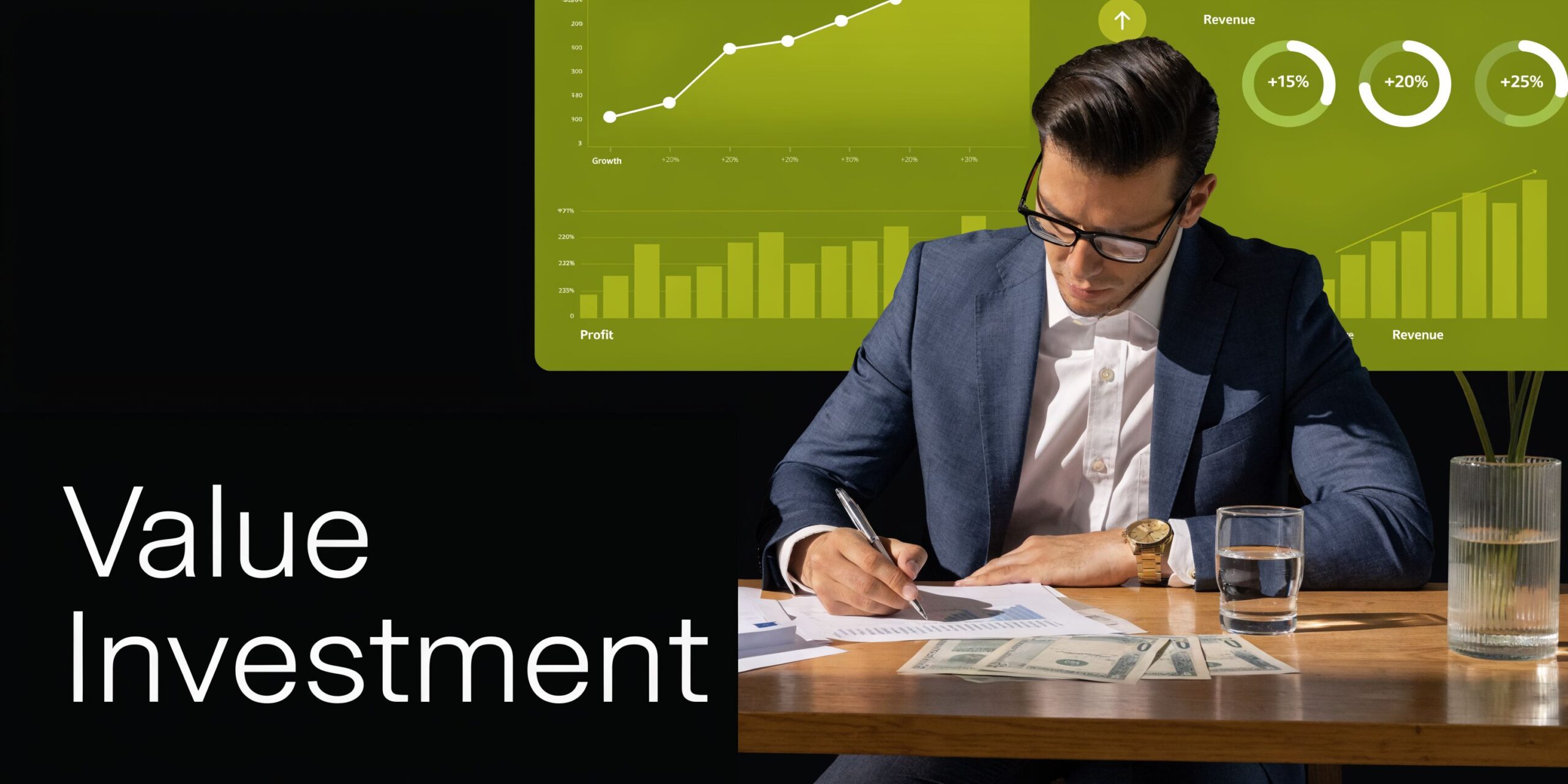 A professional businessman analyzing financial charts while writing on documents at a desk with cash.
