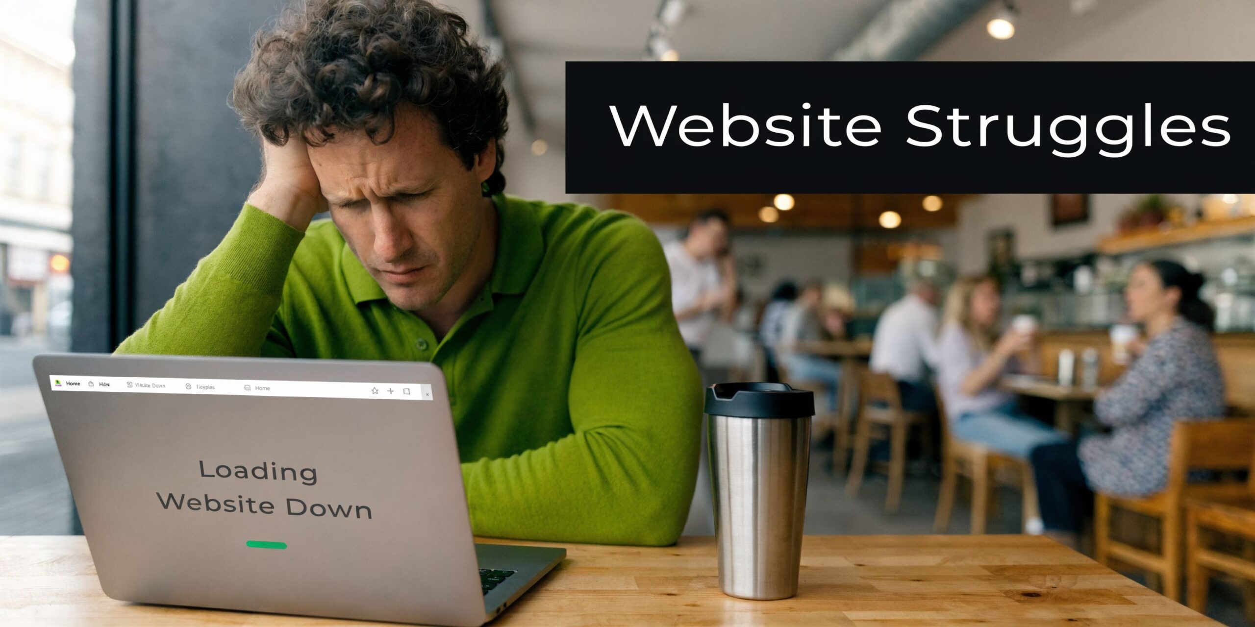 A frustrated man sits at a cafe table staring at his laptop displaying a website down error.