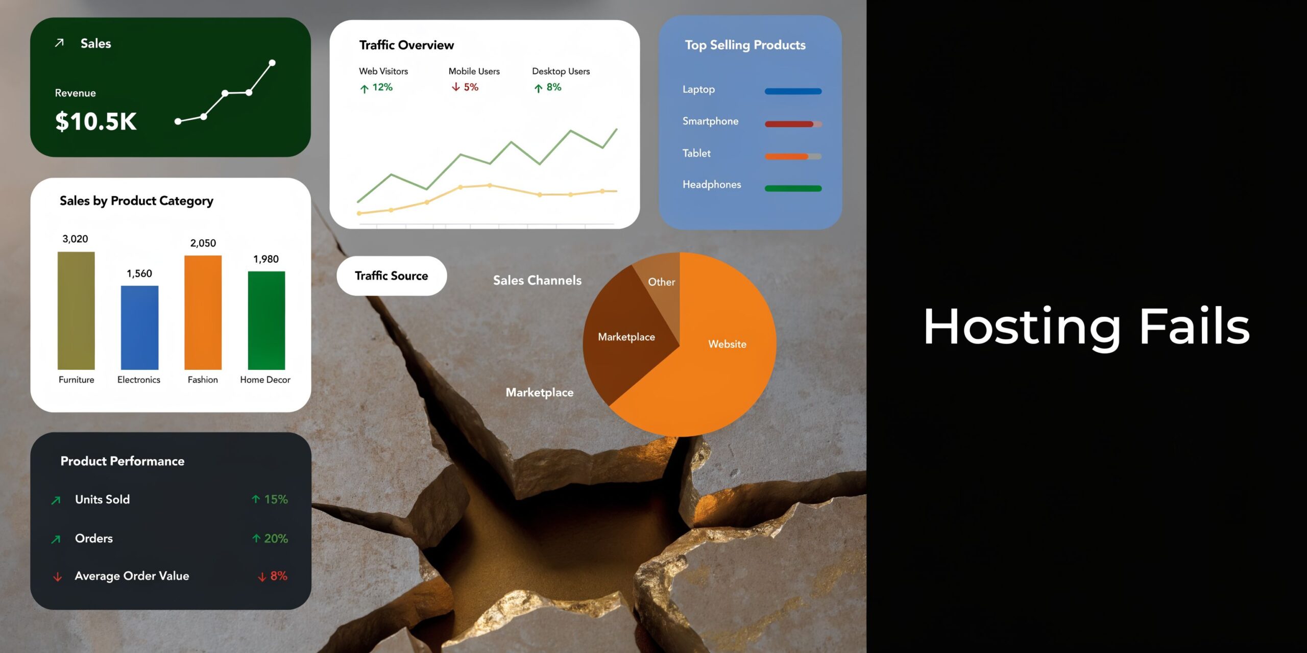 A digital dashboard displaying various business performance metrics including sales revenue, product category data, and web traffic analytics.