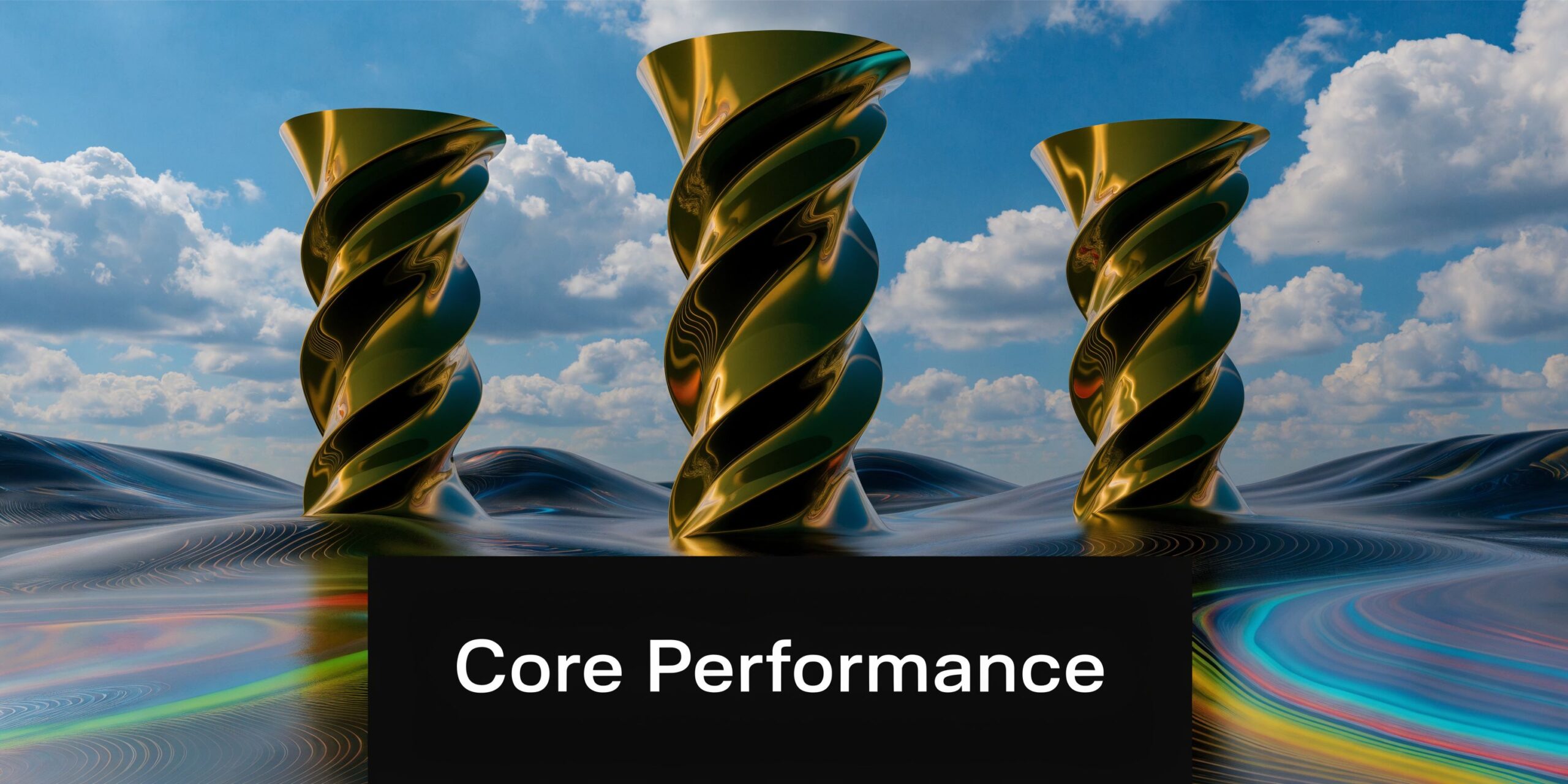 Three golden spiral columns standing on a vibrant, wavy iridescent ground against a blue cloudy sky.