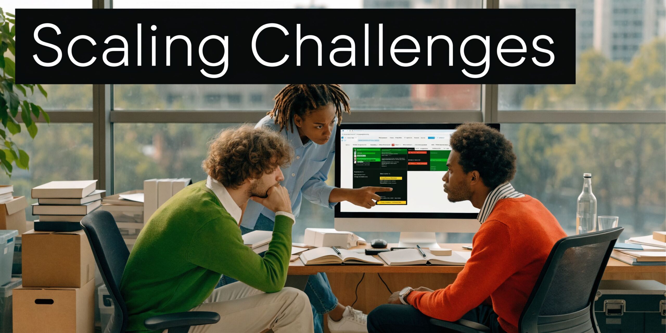 Three professional team members discussing complex data on a computer screen in an office setting.