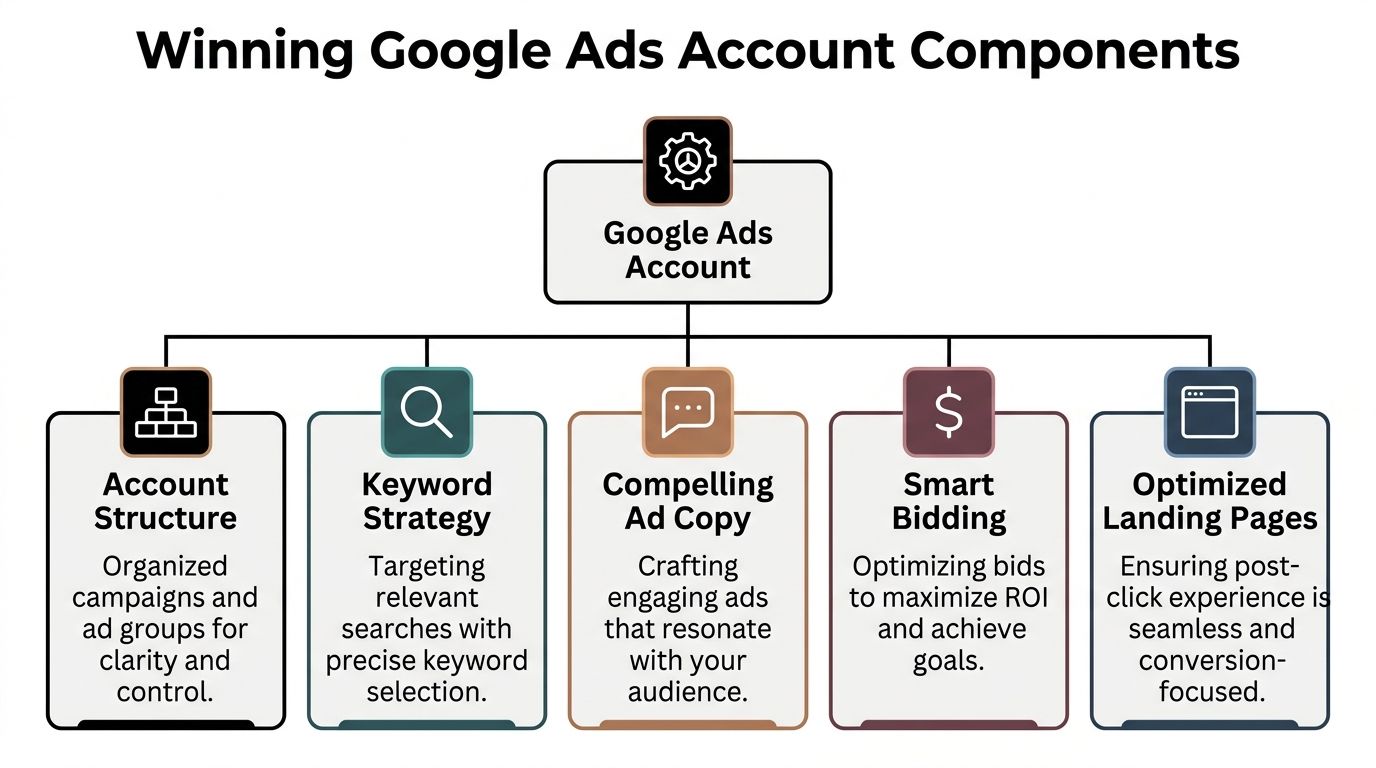 A diagram illustrating the five essential components for a successful Google Ads account structure and management strategy.