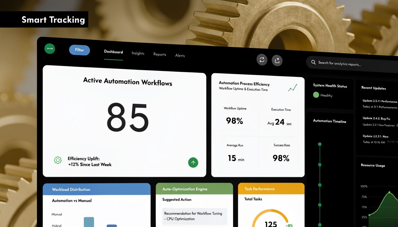 A digital dashboard showing automation workflow statistics, system health, and performance analytics for business operations.