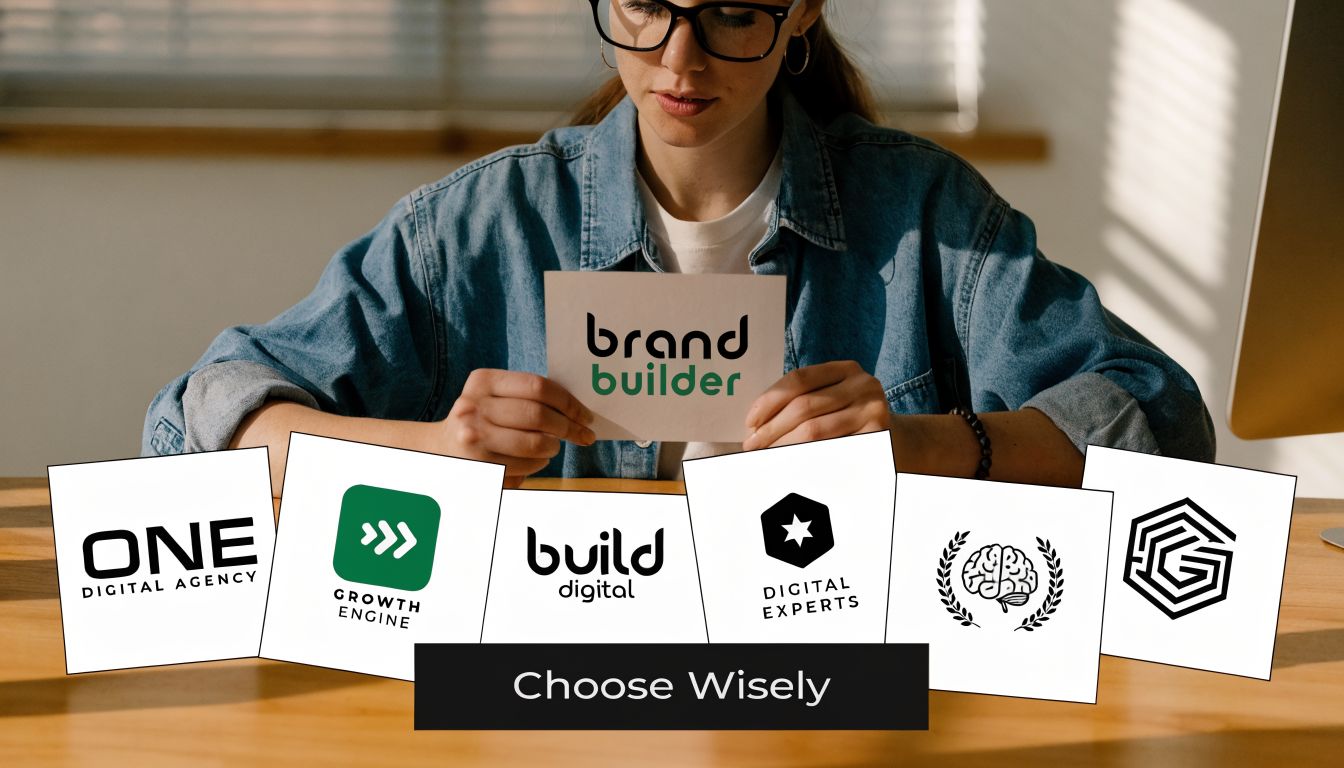 A person holding a brand builder sign behind a row of various digital agency marketing logos.